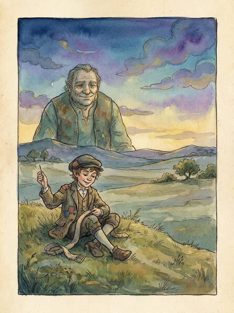 A small tailor rests cheerfully on a grassy hilltop with needle and thread while a towering giant looms on the horizon.
