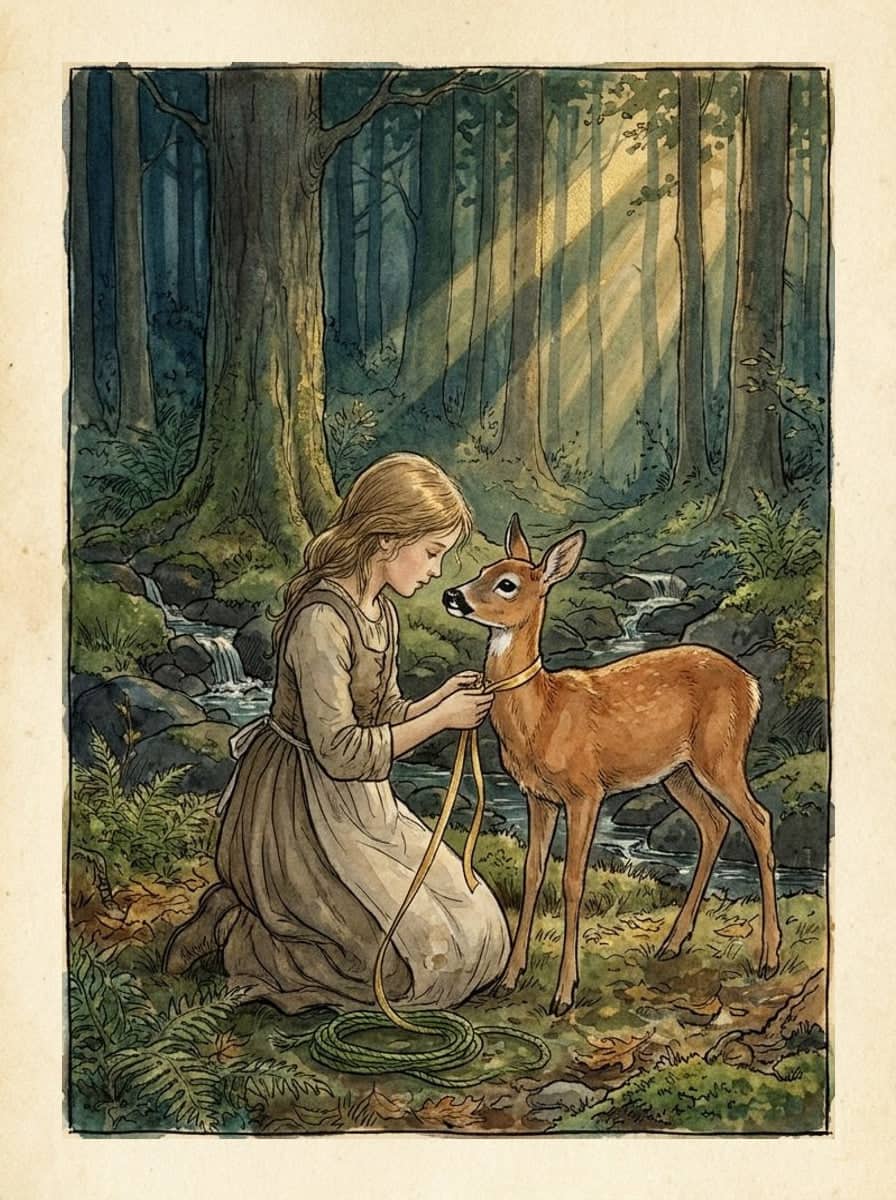 Ein Mädchen kniet im sonnigen Wald und knüpft einem jungen Reh ein schmales goldenes Band um den Hals; im Moos neben ihr liegt ein grünes Binsenseil.