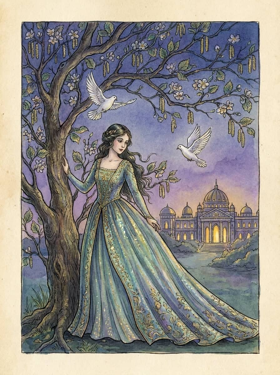Une jeune femme en robe scintillante se tient au crépuscule sous un noisetier en fleurs, deux colombes blanches tournant au-dessus d’elle.