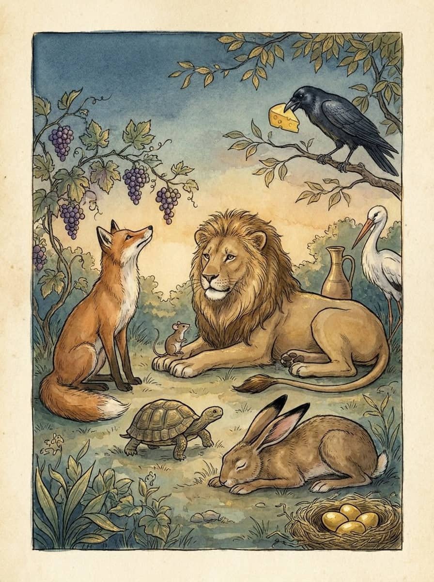 A fox looks up at grapes on the vine, a lion rests with a mouse on its paw and a tortoise walks past a sleeping hare. On the branch, a crow holds cheese.