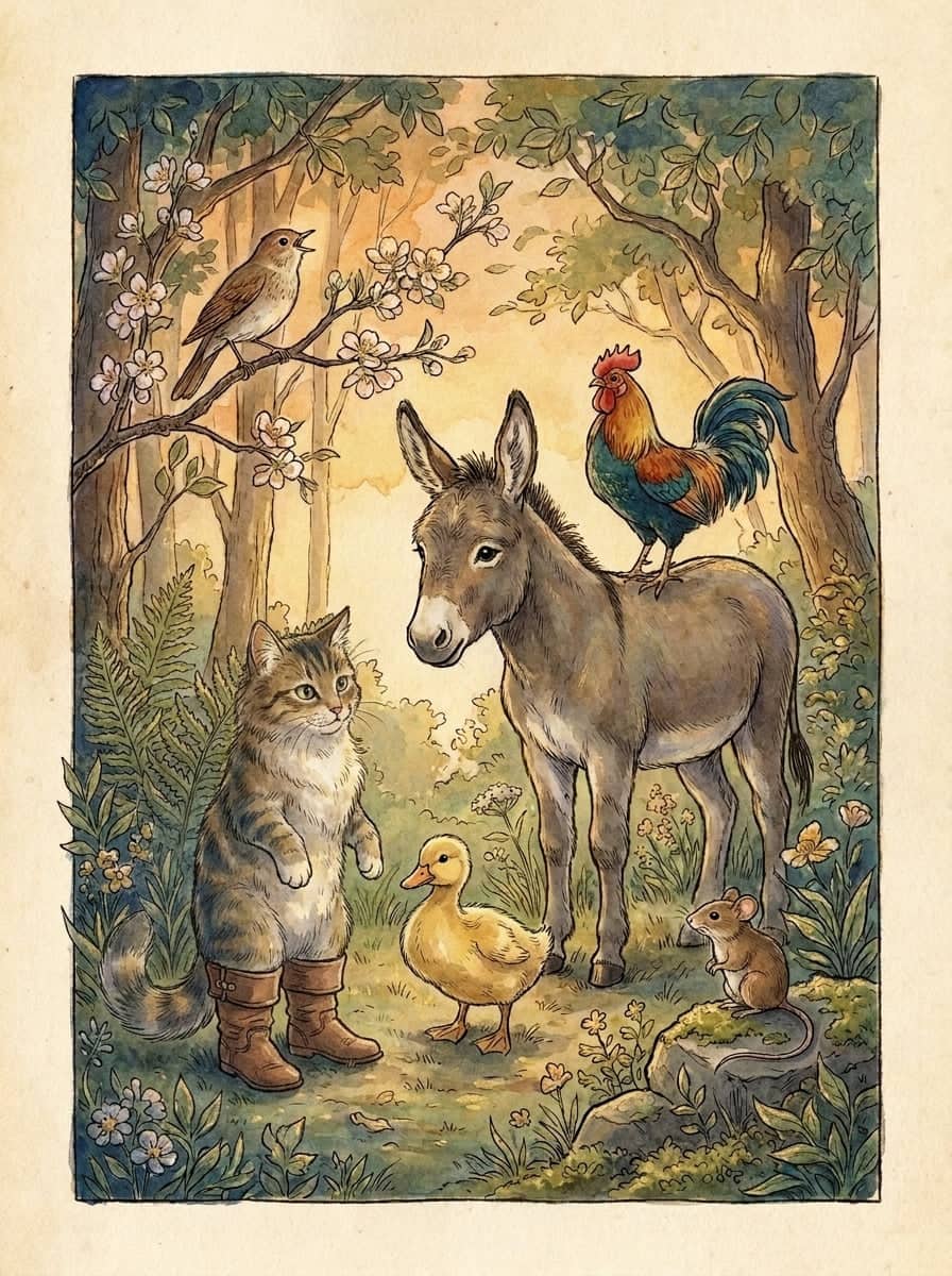 Gentle storybook animals gather in a sunlit woodland clearing: a cat in boots, a fluffy duckling and a donkey with a rooster on its back.