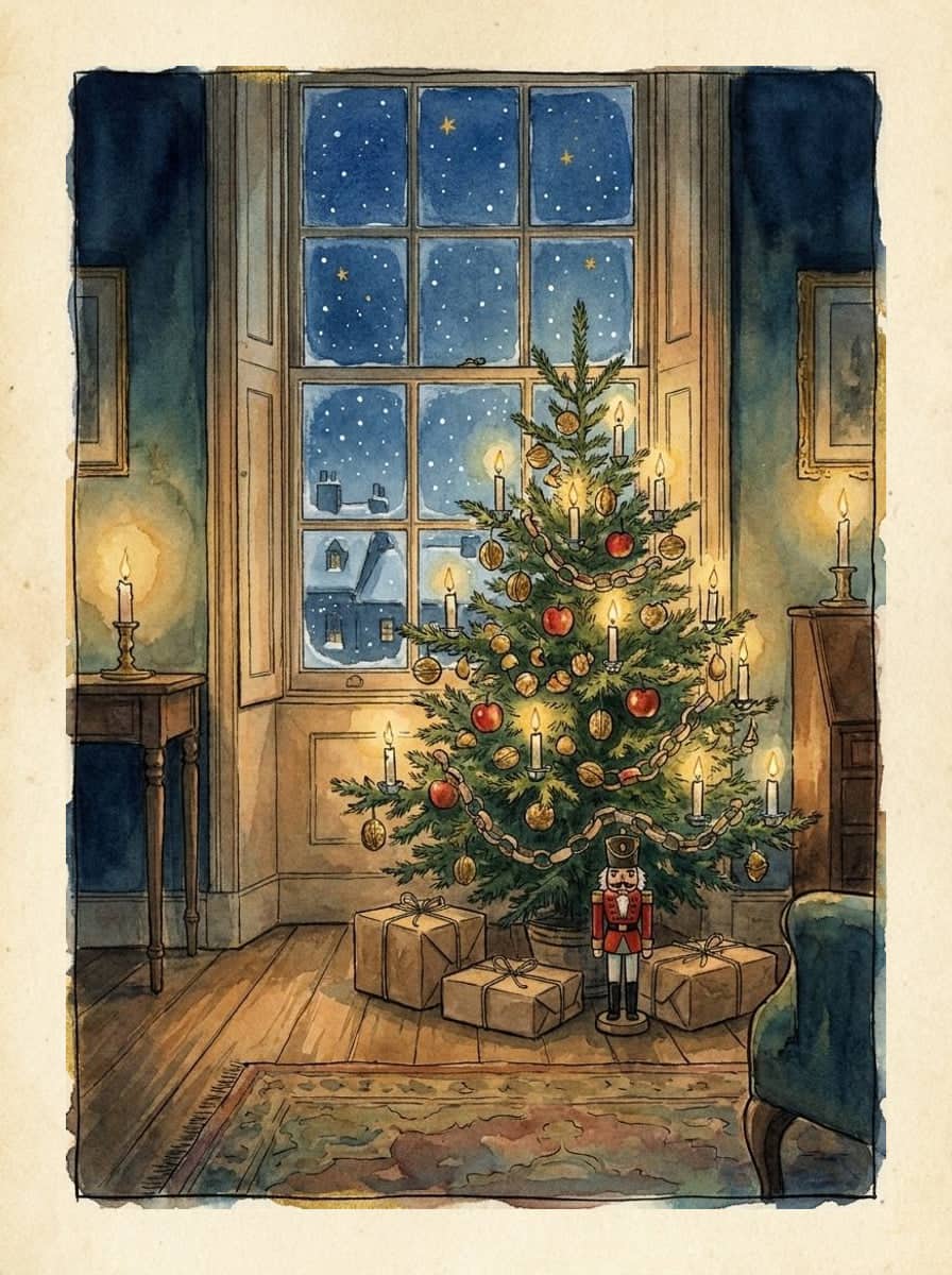 Un salon éclairé aux bougies à Noël : un sapin garni de pommes, de noix dorées et de chaînes en papier, des paquets et un casse-noisette en bois dessous.