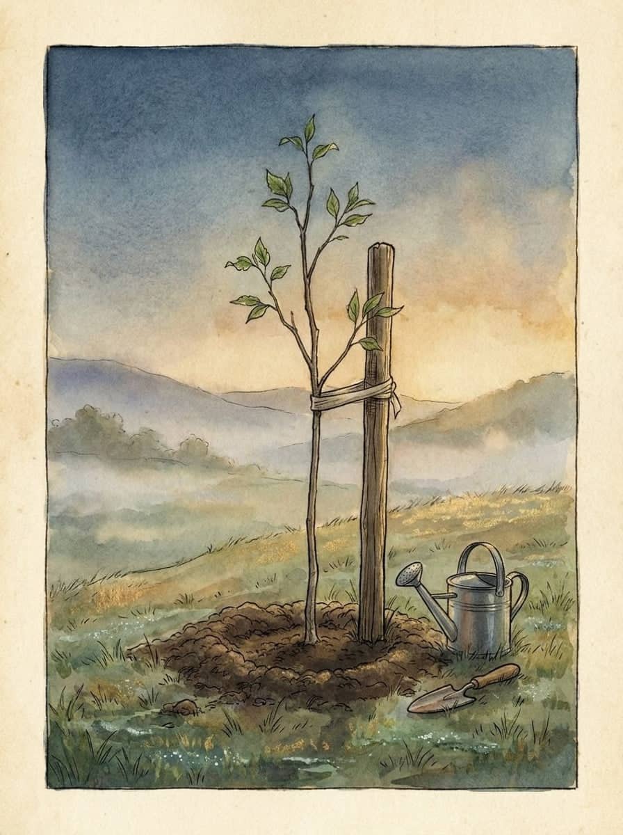 Un arbolito recién plantado y atado con tela a una estaca, junto a una regadera de lámina y una palita de jardín, con neblina sobre las colinas al amanecer.