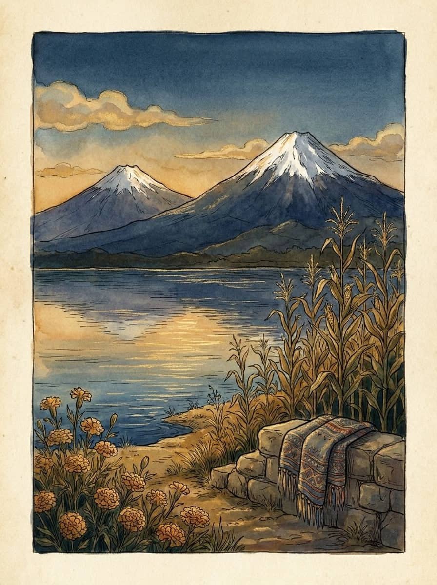 Dos volcanes nevados al atardecer sobre un lago tranquilo, con milpas y flores de cempasúchil en la orilla y un rebozo doblado sobre un muro de piedra.