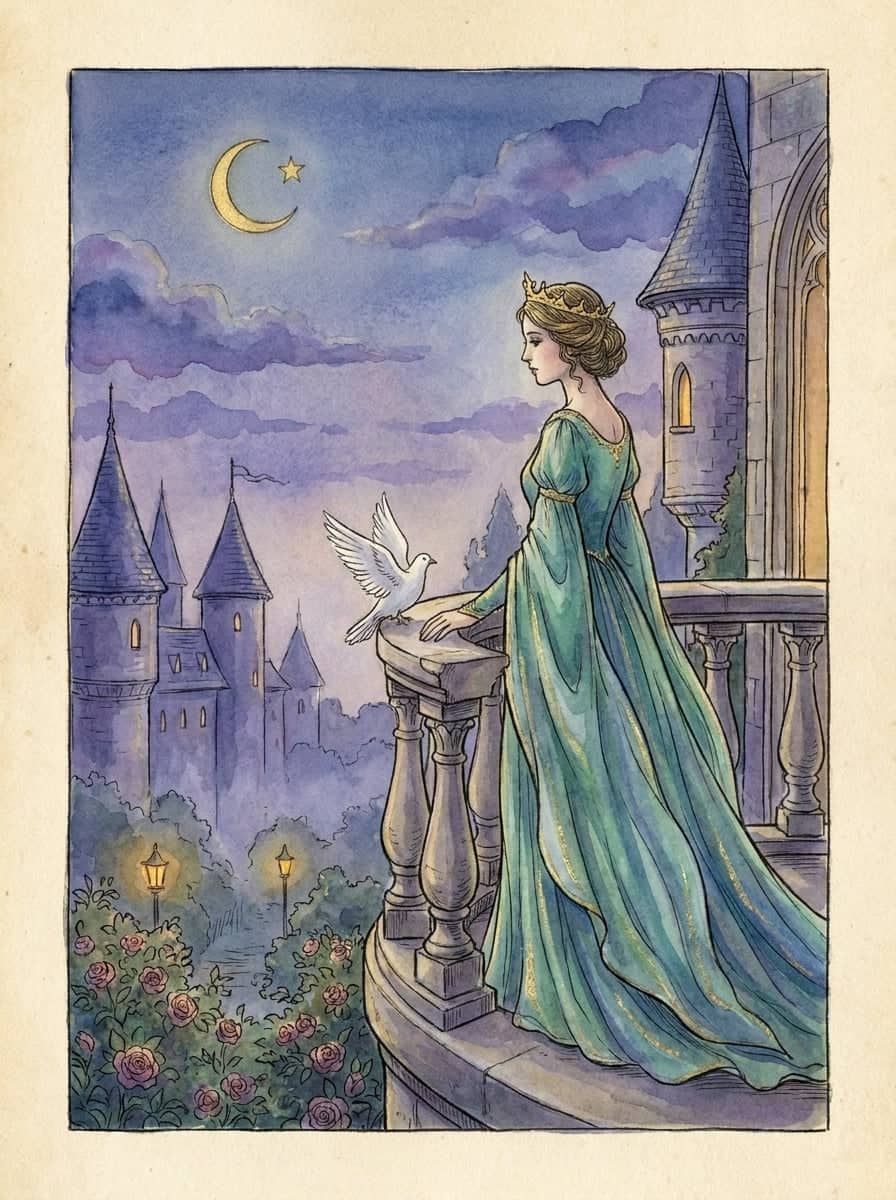 Une princesse en robe fluide et couronne d’or se tient au crépuscule sur le balcon d’un château éclairé, au-dessus de tourelles brumeuses.