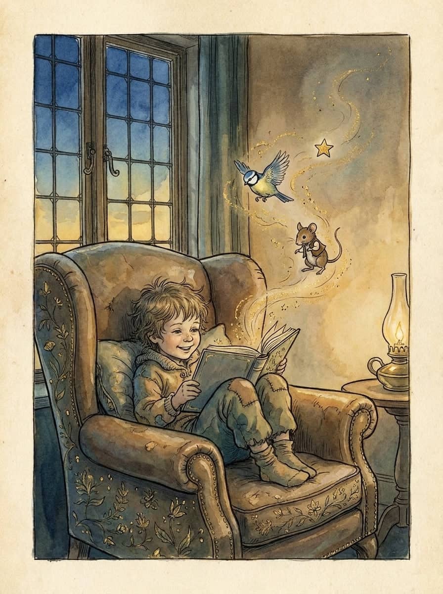 Un enfant lit un livre de contes, blotti dans un grand fauteuil près d’une fenêtre, de minuscules personnages flottant autour de lui.