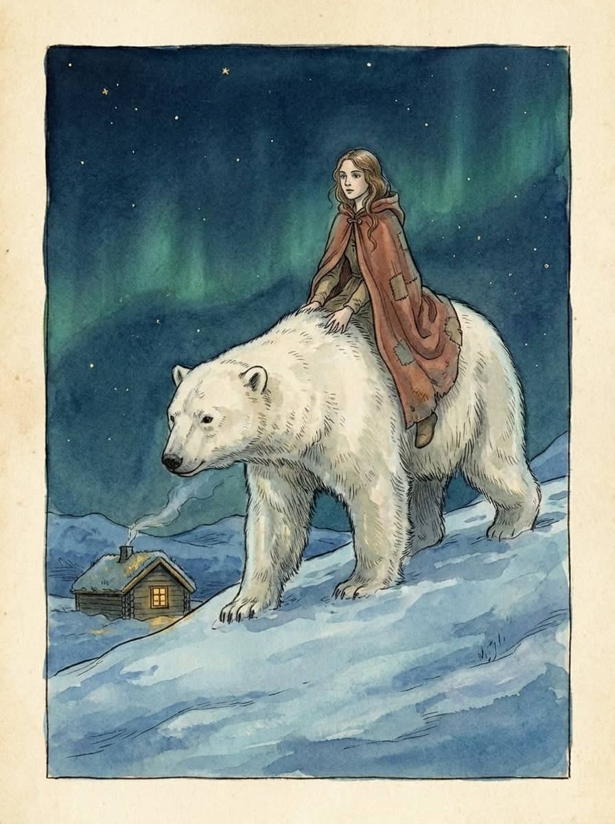 A girl in a patched cloak rides on the back of a great White Bear up a snowy slope at night, one lit cottage window far below under green northern lights.