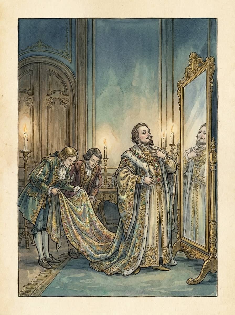 Um imperador vaidoso se admira num alto espelho dourado de um salão iluminado por velas, com dois homens curvados atrás, segurando a cauda do manto.
