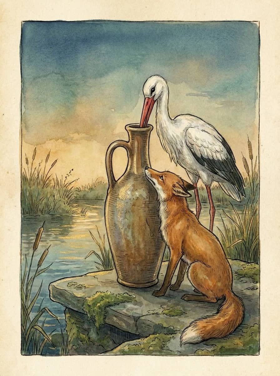 Au bord de l’eau, la cigogne plonge son long bec dans une grande cruche, tandis que le renard, assis sur la pierre, lève le museau vers le goulot.