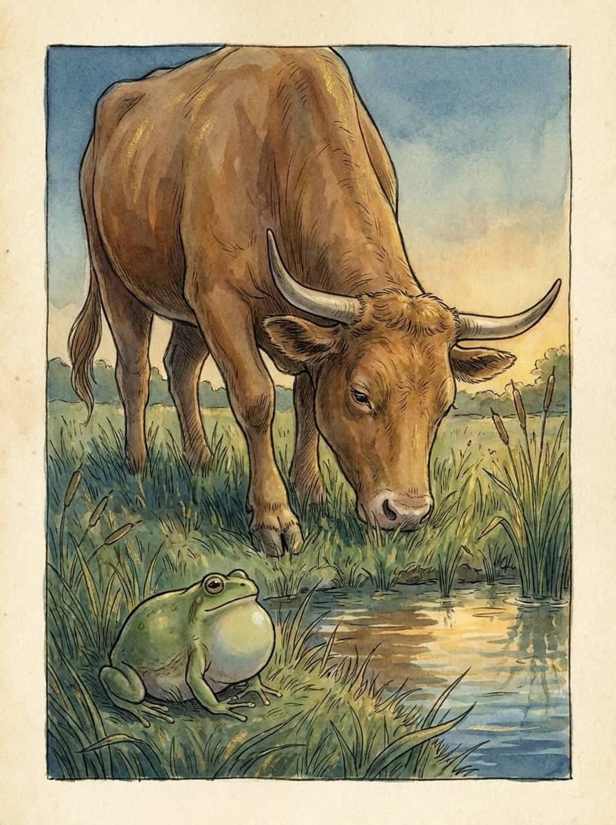 Un bœuf brun baisse la tête pour brouter au bord d’une mare, et devant lui, dans l’herbe, une petite grenouille verte au ventre gonflé le regarde.