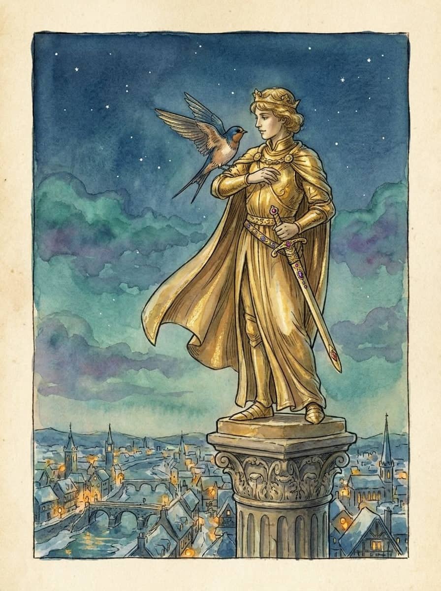 A estátua dourada de um jovem príncipe se ergue ao anoitecer sobre uma coluna alta, com uma andorinha pousada em seu ombro.