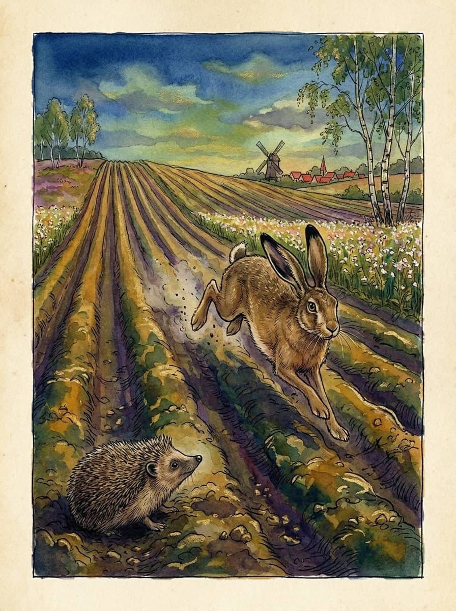 Ein brauner Hase jagt in weiten Sprüngen durch die Furchen eines Ackers, vorn sitzt ruhig ein Igel; dahinter Birken, eine Windmühle und ein Dorf.