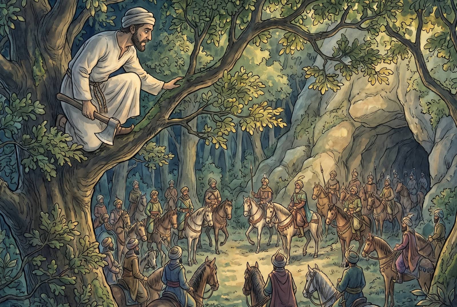 A man in white crouches on a thick oak branch above a clearing, an axe in his hand, watching turbaned riders gather with their horses below a pale cliff.