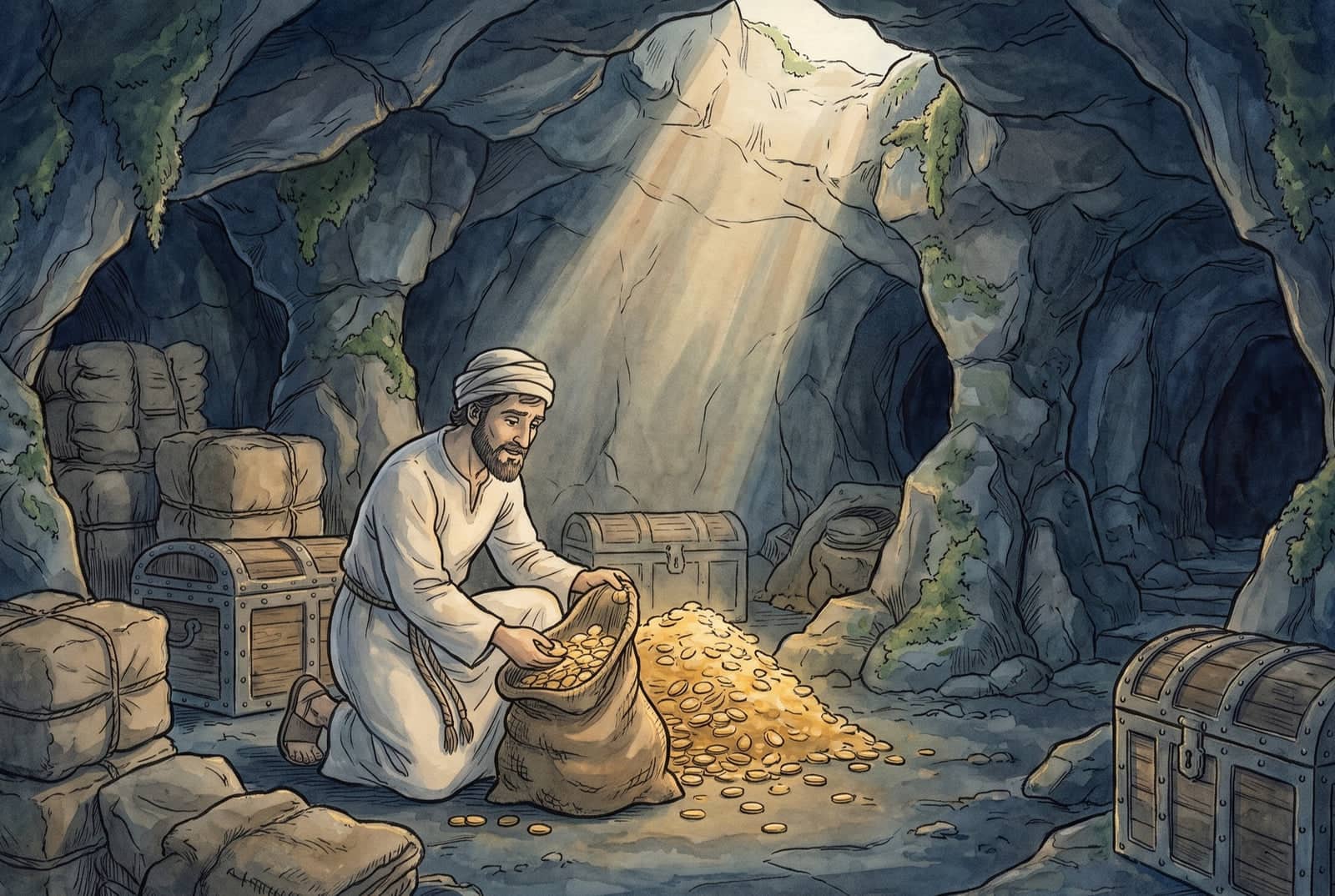 Kneeling in a dim stone chamber under a shaft of daylight, the woodcutter holds a coarse sack open beside a spill of gold coins, chests and bales around him.