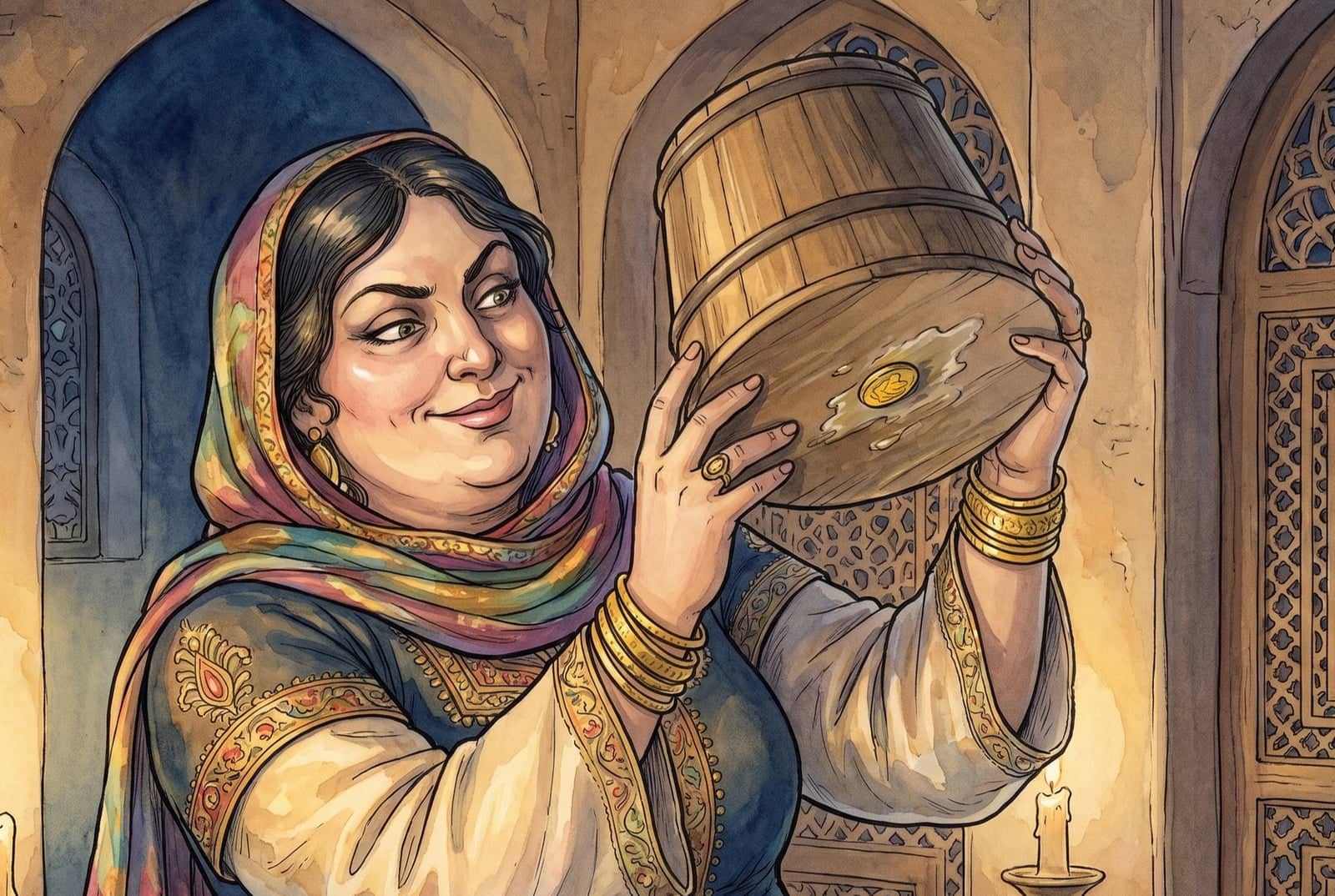 A plump woman in a bright silk scarf and gold bangles smiles as she tilts a wooden measure up to the candlelight, one coin stuck fast to its greasy base.