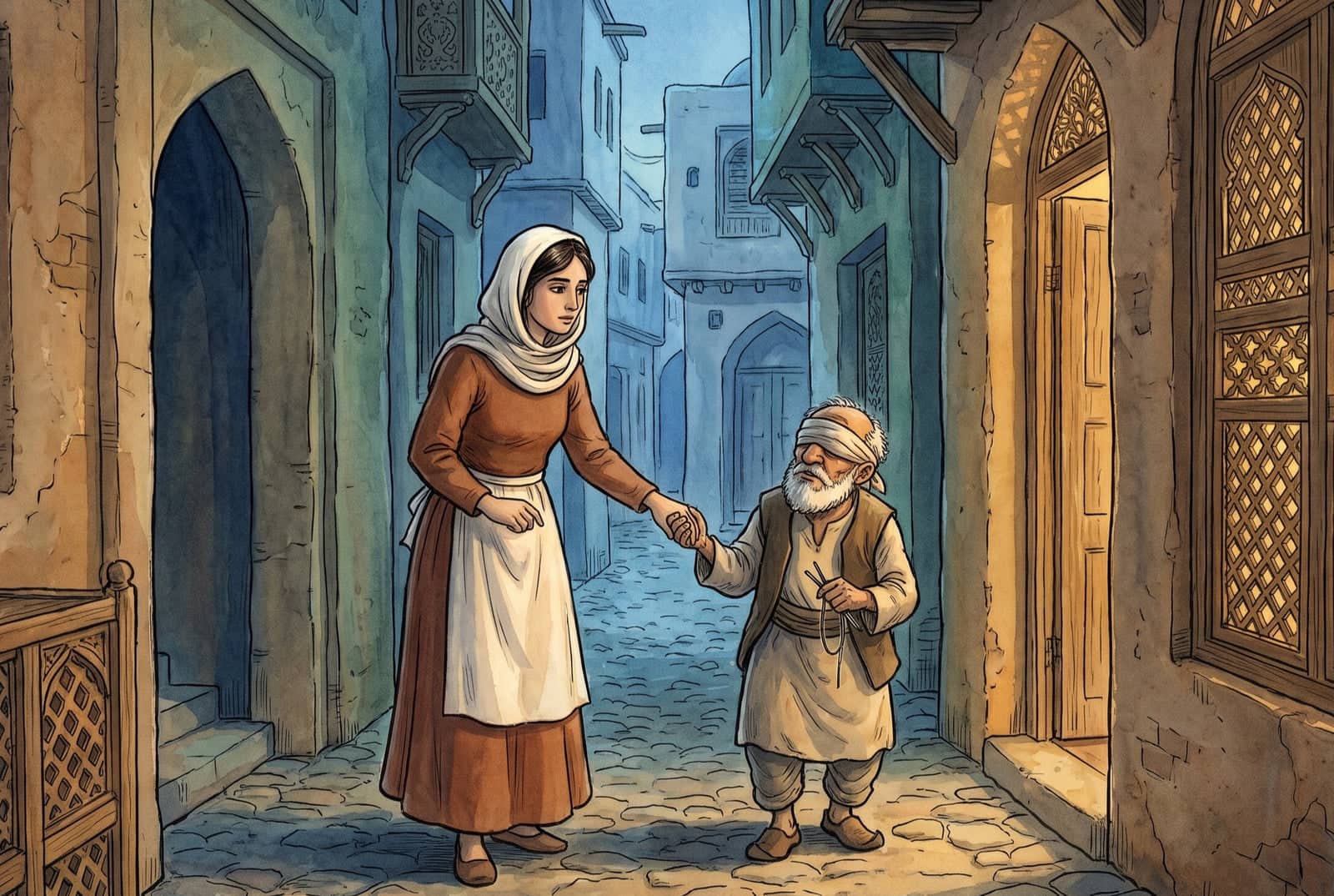 A young servant in an apron leads a small bent old man by the hand down a blue cobbled lane before dawn, a cloth tied over his eyes, thread in his fingers.