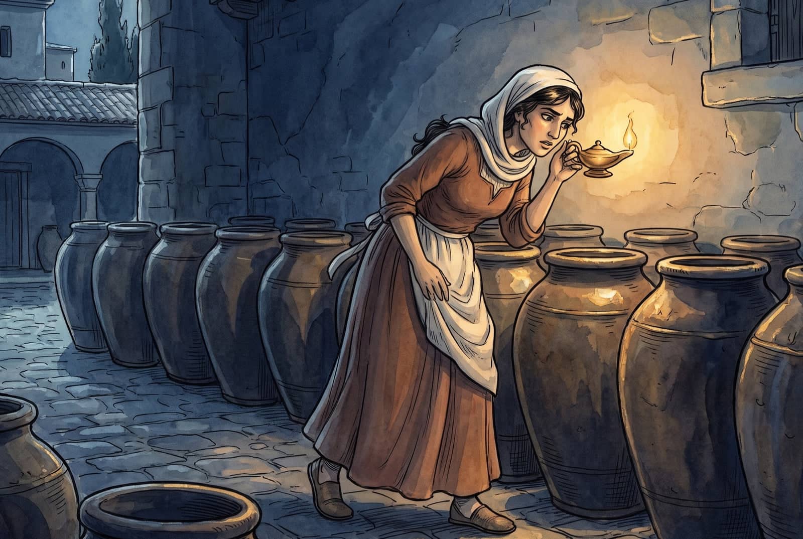 Une servante en tablier blanc colle l’oreille à une grande jarre de cuir, cruche vide à la main, au bout d’une longue rangée, dans une cour nocturne.