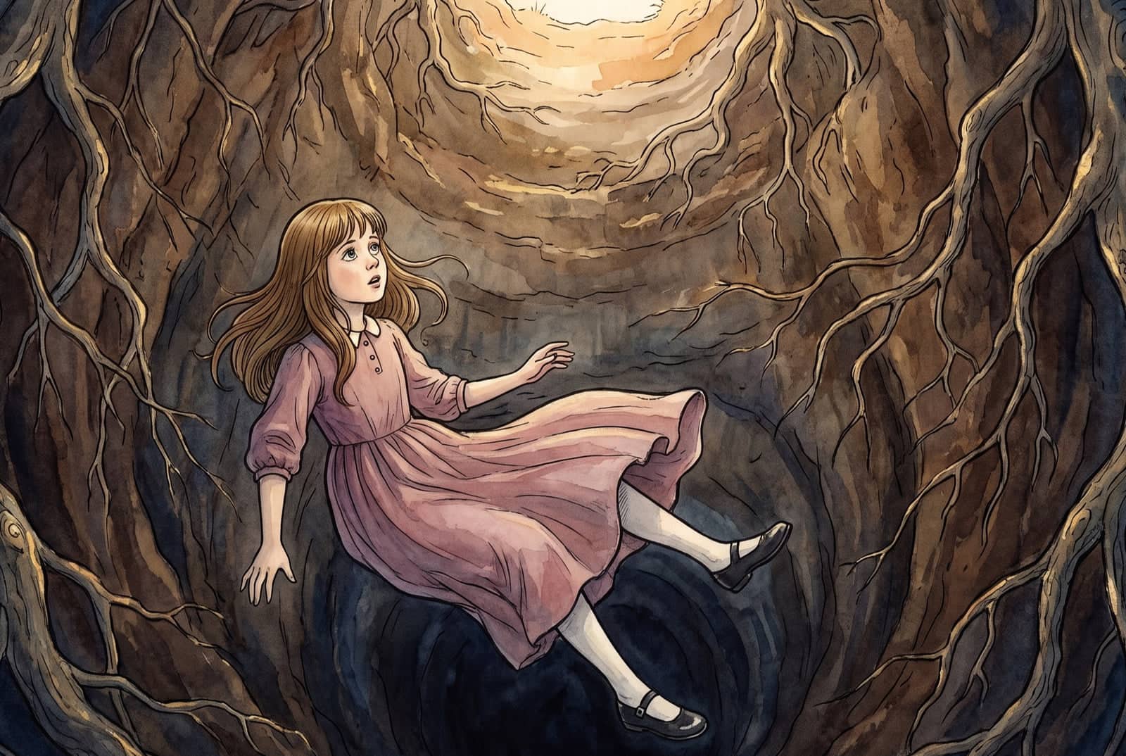 Alice schwebt mit wehendem Rock und staunendem Blick einen tiefen Schacht aus Erde hinab, ringsum Wurzeln, hoch oben ein heller Schimmer Tageslicht.