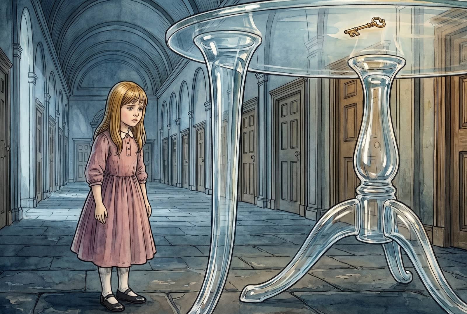 Alice steht traurig auf dem Steinboden einer langen Halle mit vielen Türen neben einem hohen Tisch aus Glas, auf dem oben ein goldener Schlüssel liegt.