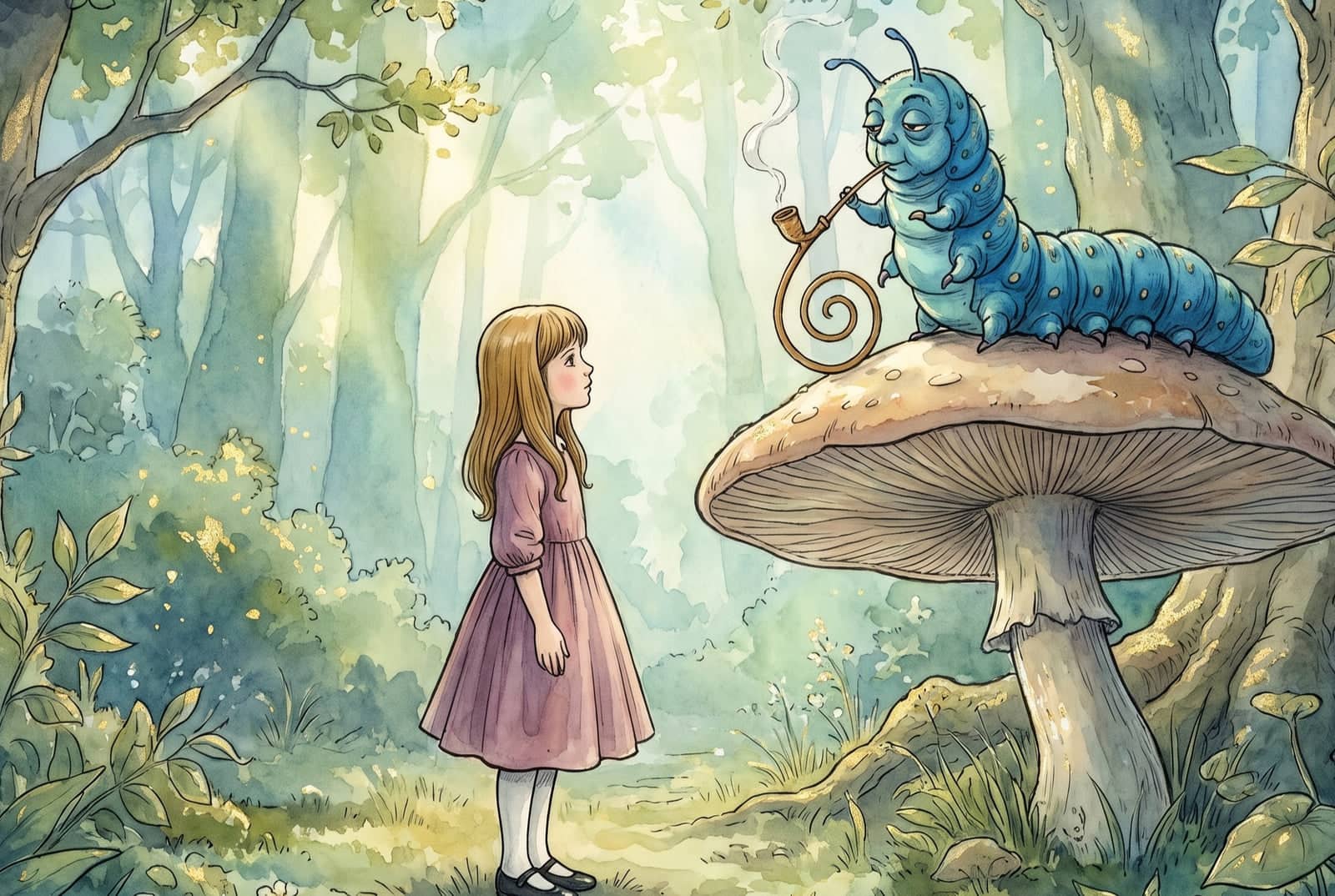 In a green wood a girl looks up at a large blue caterpillar smoking a long curled pipe on top of a mushroom taller than she is.