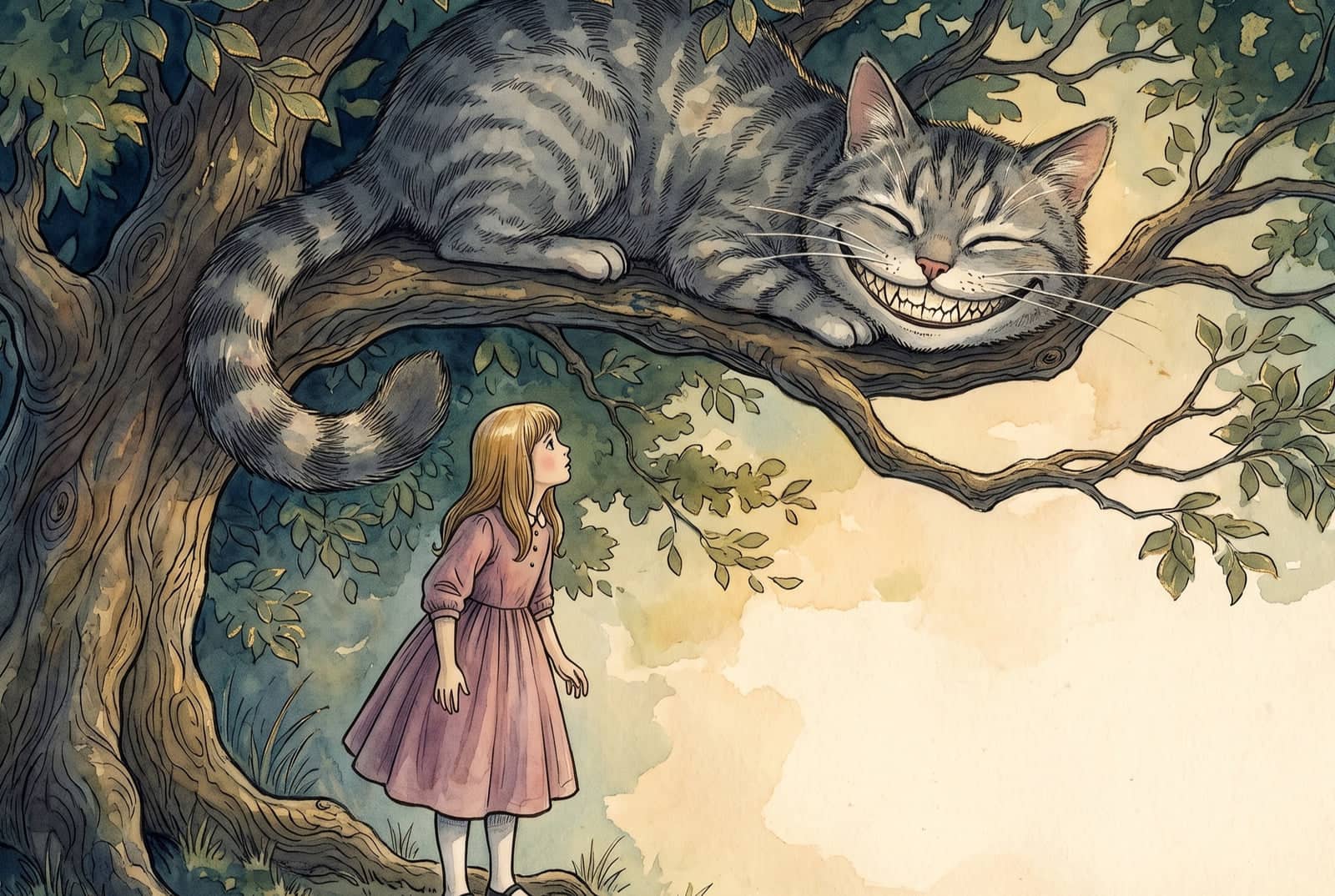 Um gato cinza e listrado, deitado num galho, sorri de orelha a orelha com os olhos fechados, enquanto Alice olha para ele lá de baixo.