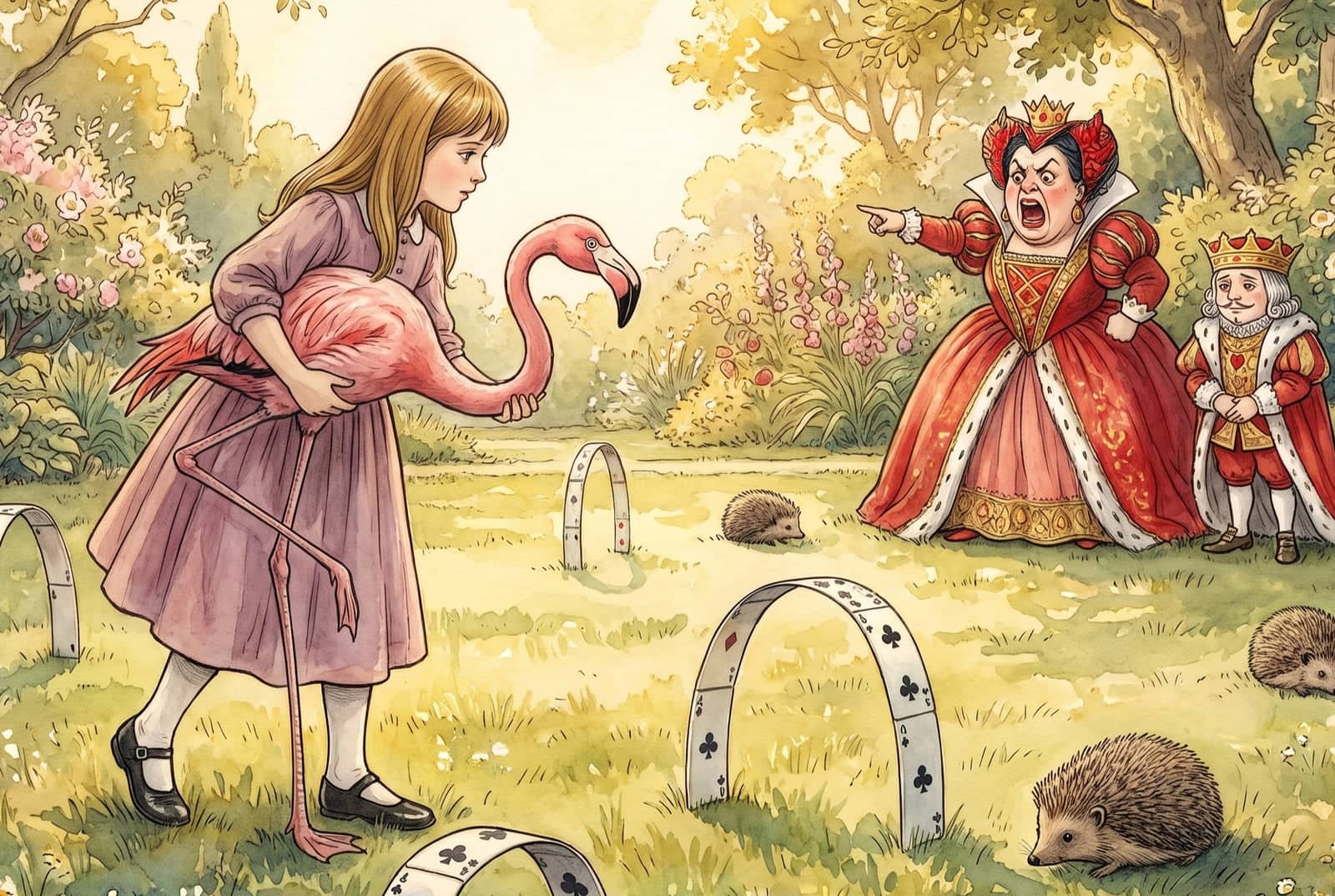 Alice trägt einen Flamingo im Arm, auf dem Rasen bilden gebogene Spielkarten die Tore, dazwischen liegen Igel, die Königin in Rot schreit, der König schaut zu.