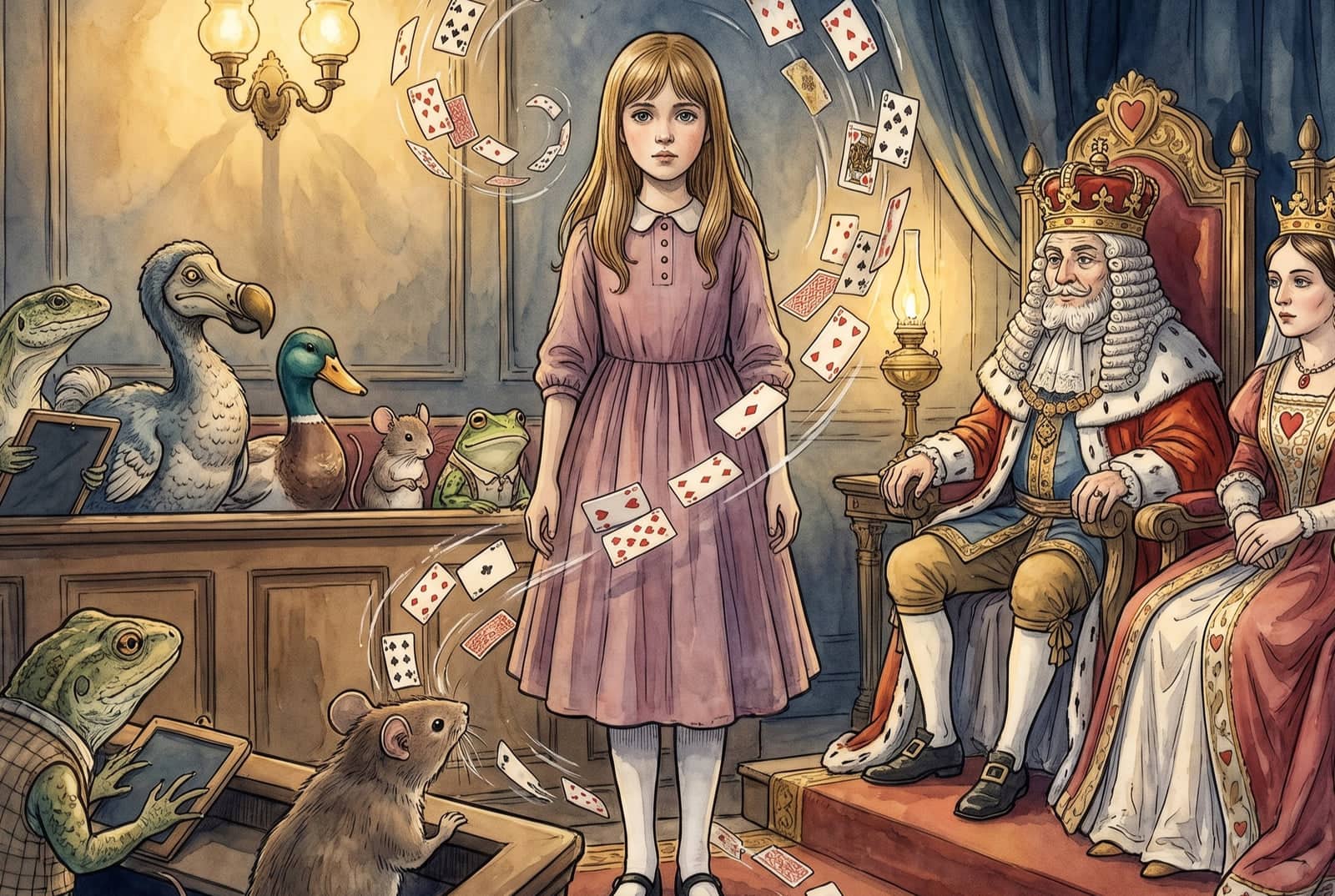 Um Alice im Gerichtssaal wirbeln Spielkarten, links sitzen Eidechse mit Schiefertafel, Dodo, Ente, Maus und Frosch, rechts König und Königin auf dem Thron.
