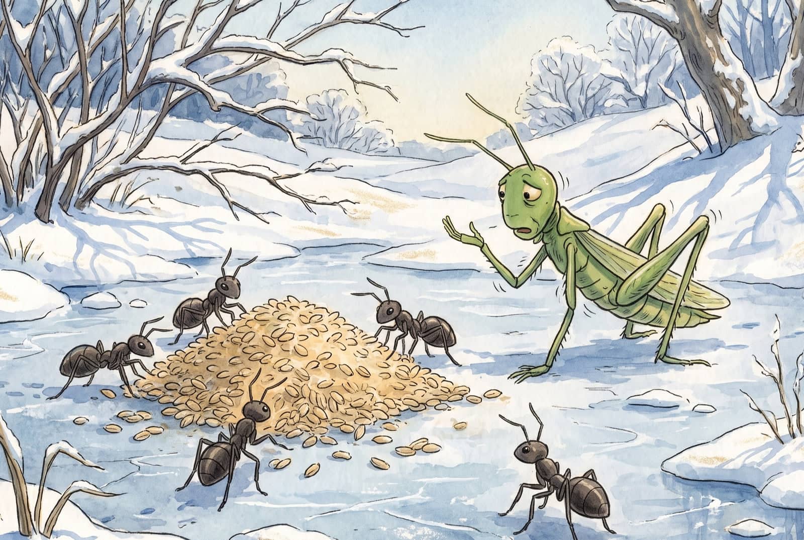 Magra e trêmula, a cigarra ergue uma pata dianteira, a outra apoiada no chão, diante das formigas paradas junto a um monte de trigo na neve.