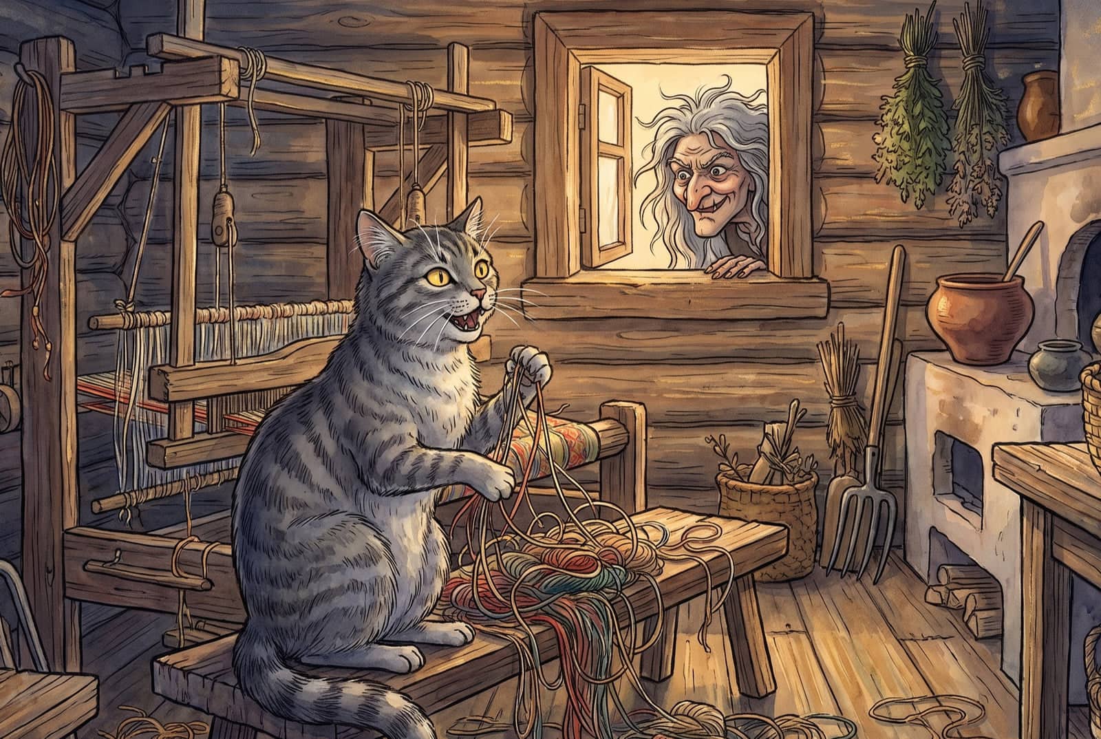 Eine graue Katze sitzt auf der Bank am Webstuhl und verheddert die Fäden, während Baba Jaga mit wirrem grauem Haar zum Fenster hereinschaut.