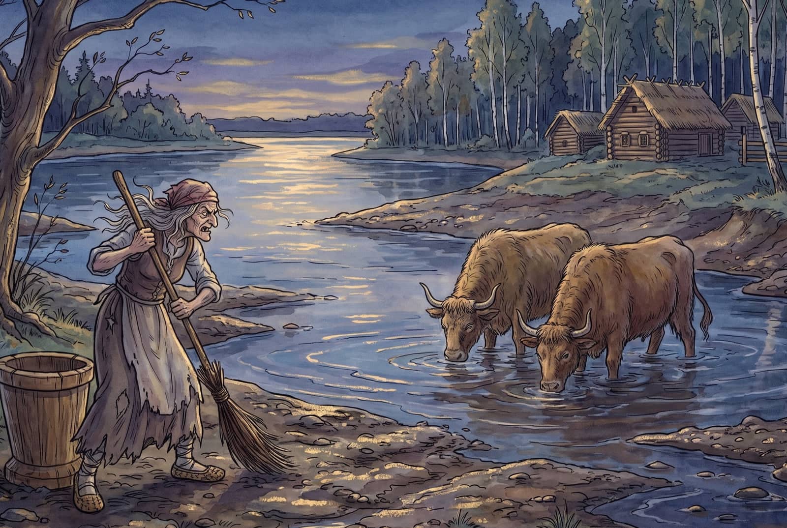 Baba Jaga steht wütend mit dem Besen neben ihrem Mörser am Ufer eines breiten Flusses, aus dem zwei Ochsen trinken.