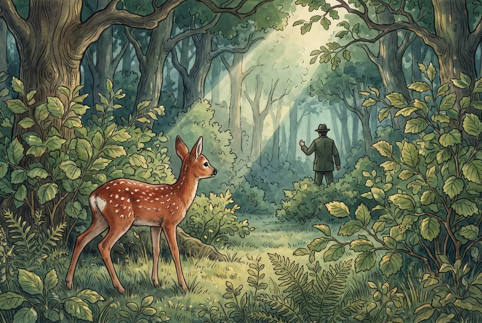 In a green thicket a spotted fawn stands rooted to the spot, staring across a clearing at a man in a green jacket and hat, seen from behind, one arm raised.