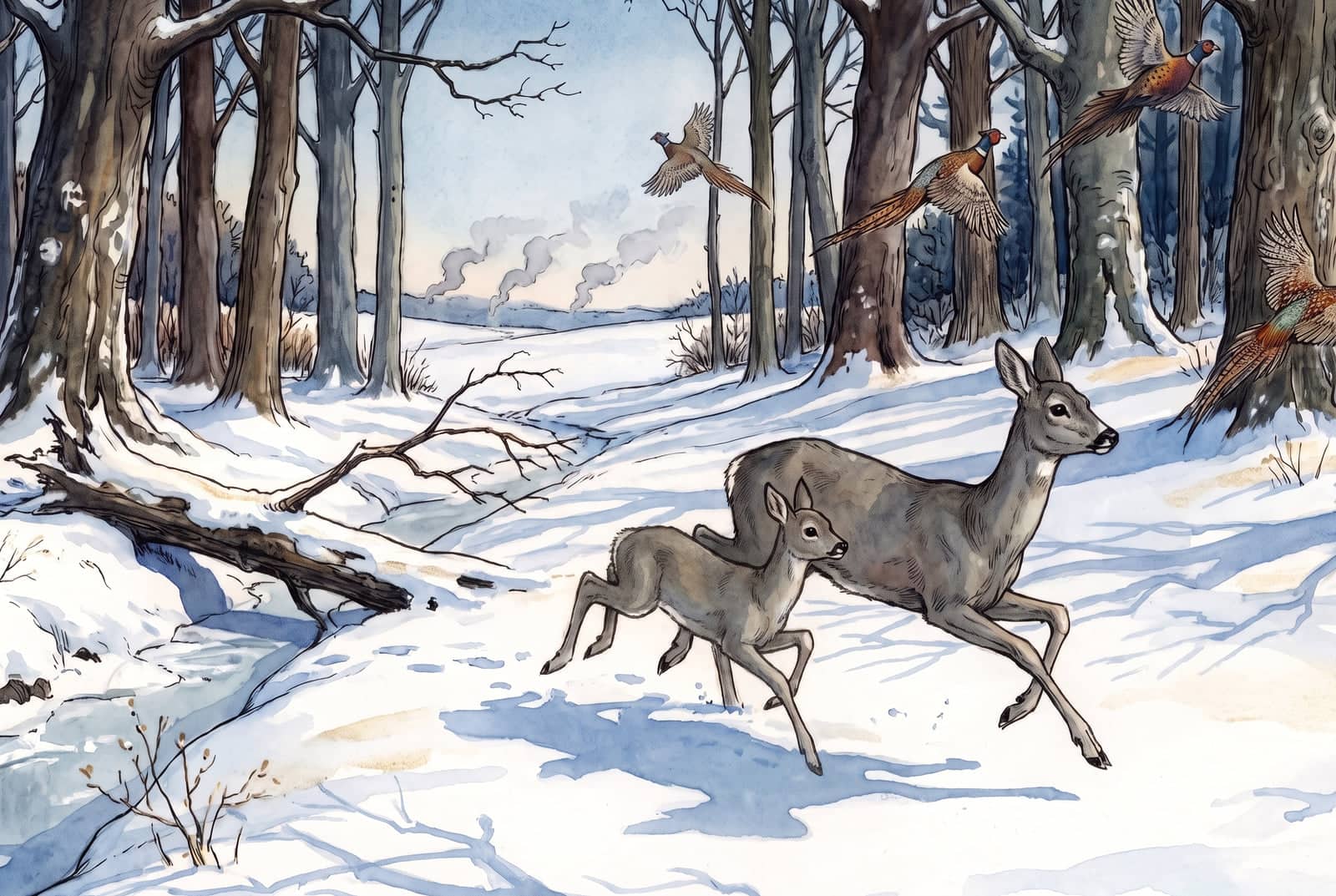 A doe in a gray-brown winter coat leaps across a snowy clearing with her half-grown fawn beside her, while pheasants burst into the air and smoke rises far off.