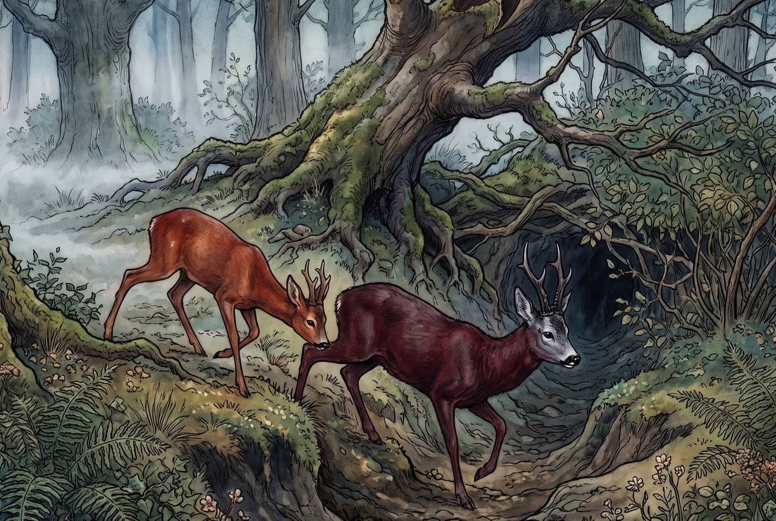 In a misty forest an old buck with a dark red coat and silver-gray face leads a younger red-brown buck along a mossy slope to a dark hollow under a fallen tree.