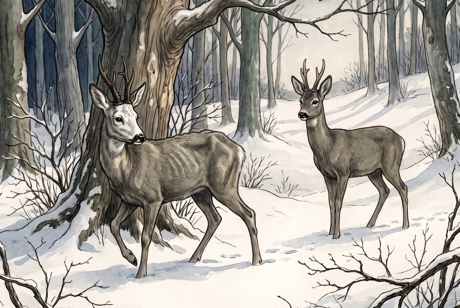 In a snowy forest a gaunt old buck with a white head and visible ribs walks past a big tree trunk, looking back, while a younger buck stands still and watches.