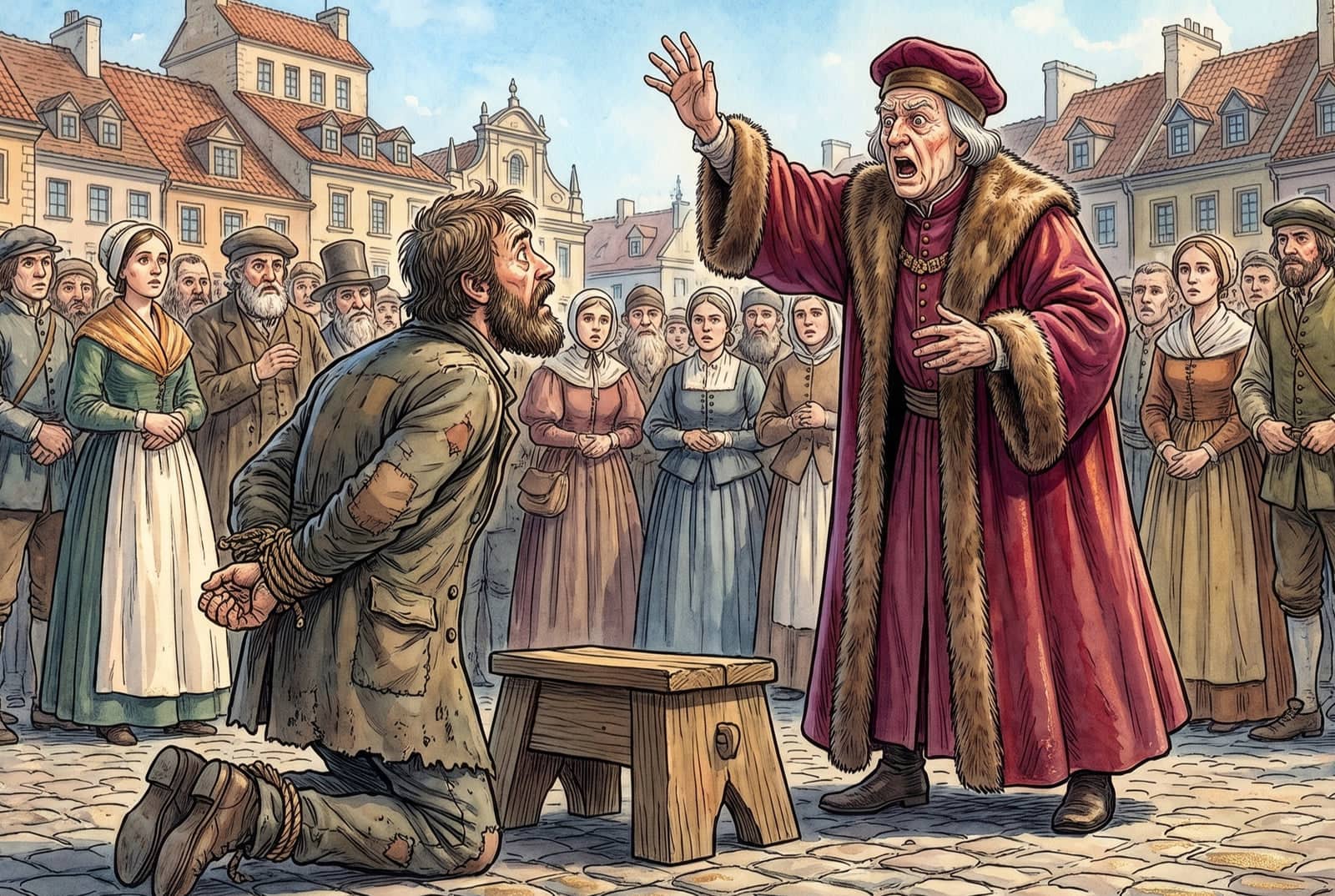 Brodaty mężczyzna w połatanym płaszczu klęczy ze związanymi rękami przy drewnianym pieńku, a starzec w karmazynowej szubie podnosi rękę i woła.