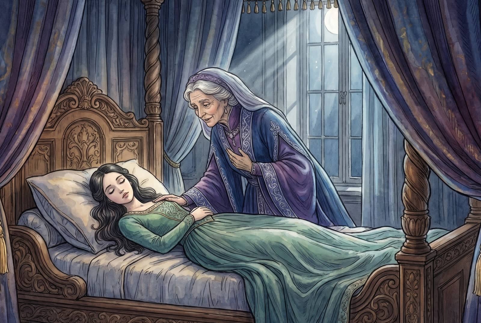 Bela dorme em uma cama de dossel enquanto uma dama de véu e roupas nobres se inclina sobre ela e lhe fala baixinho.