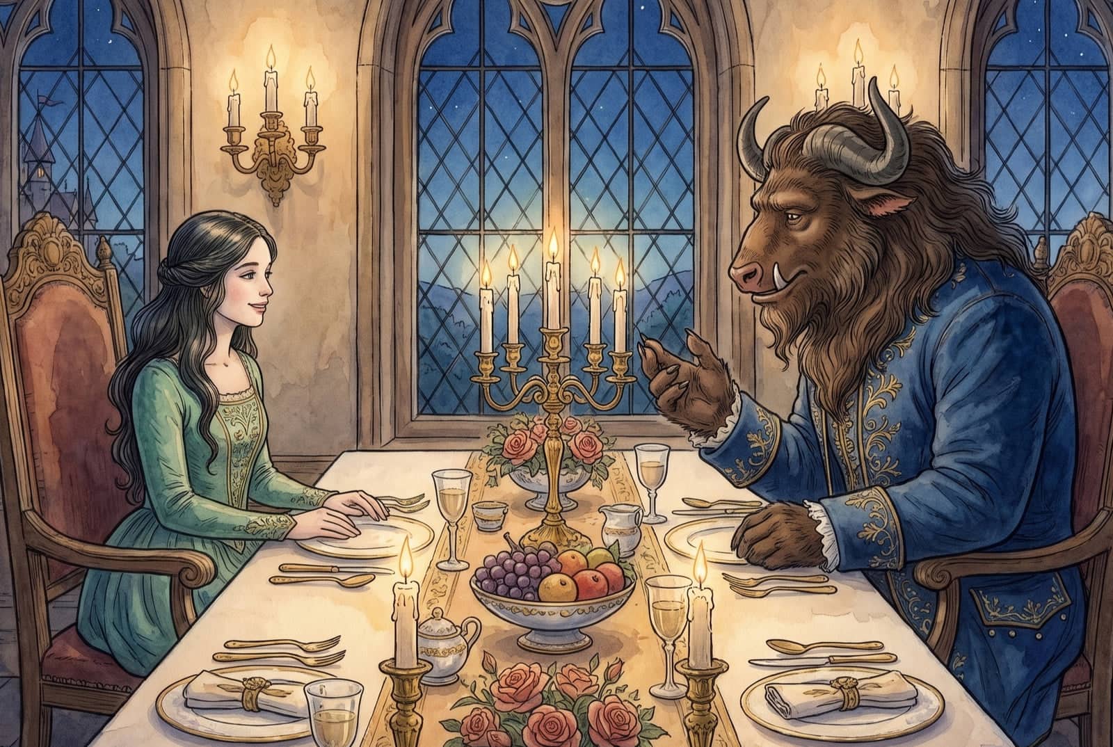 Bela e a Fera conversam sentados às pontas de uma longa mesa posta para o jantar, à luz de velas, diante de janelas altas.