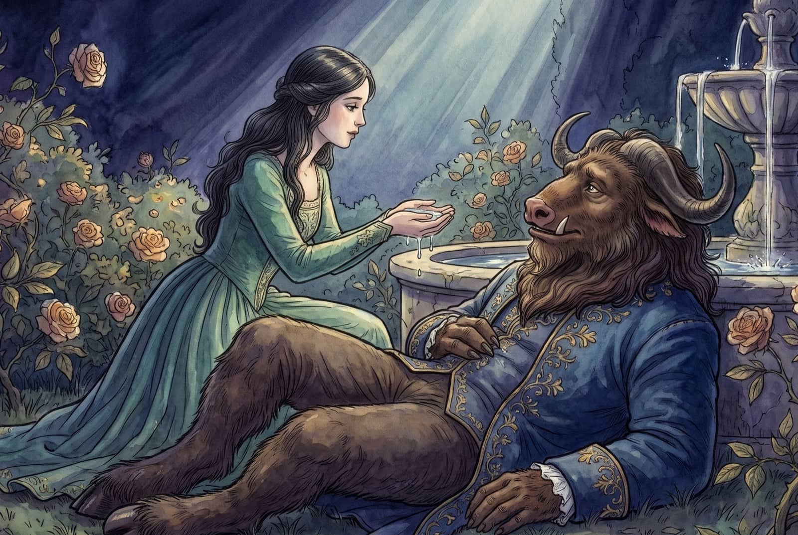 Ajoelhada entre as roseiras, Bela oferece água das mãos à Fera, estirada e fraca, que abre os olhos junto a uma fonte.