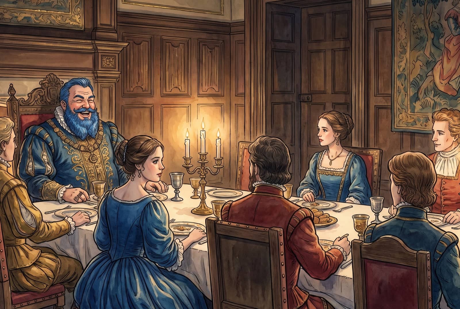 Bluebeard laughs at the head of a candlelit supper table while a young woman across from him watches him with wary interest among the other guests.