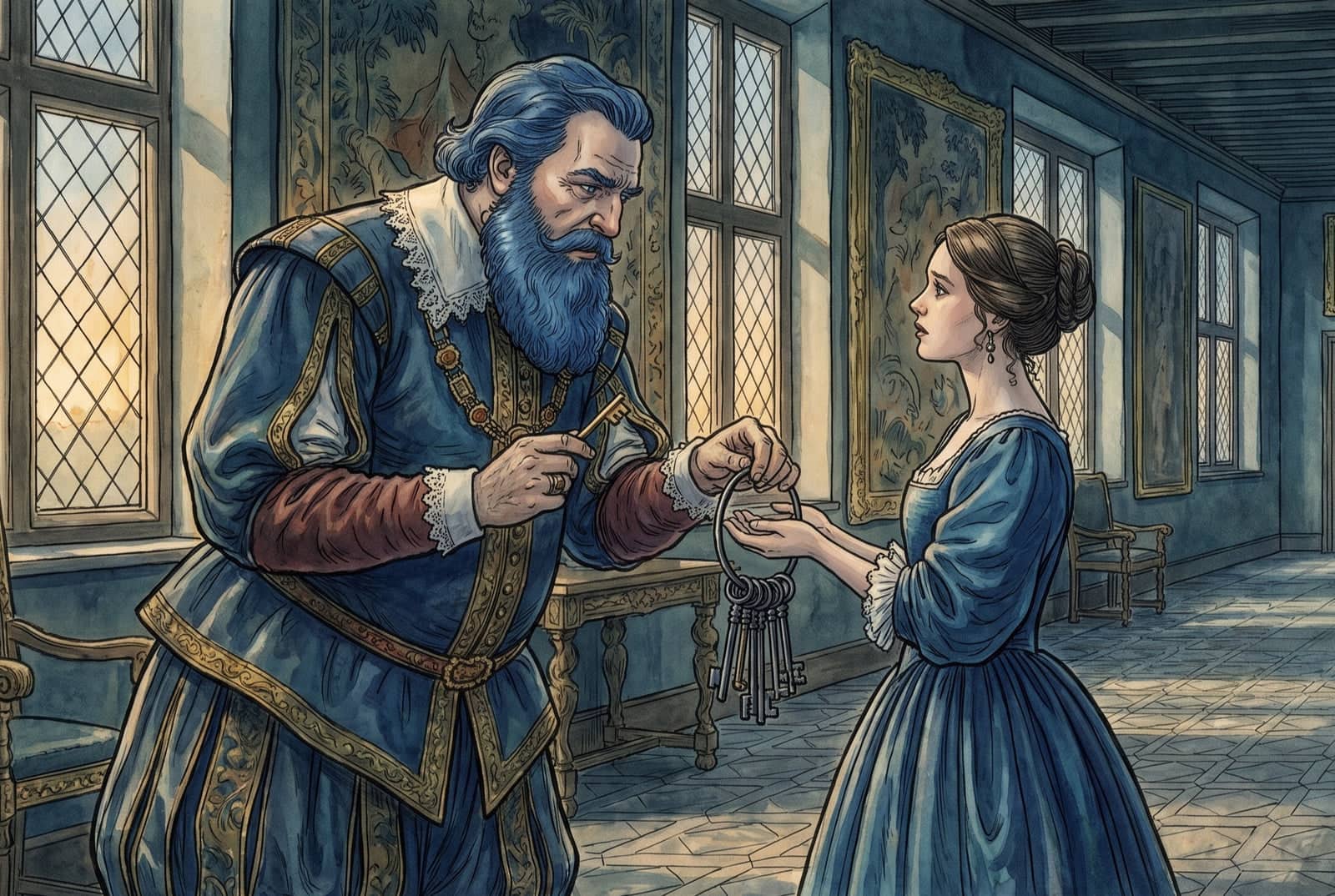 Bluebeard hands his new wife a heavy ring of keys in a grand hall, singling out one small key as he speaks to her gravely.