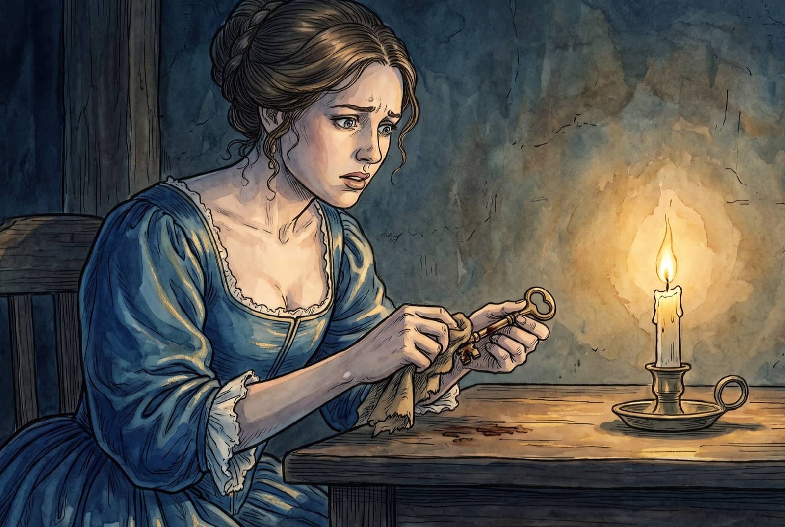 By candlelight, a young woman scrubs at a small key with a cloth, but a dark stain keeps returning no matter how hard she rubs.