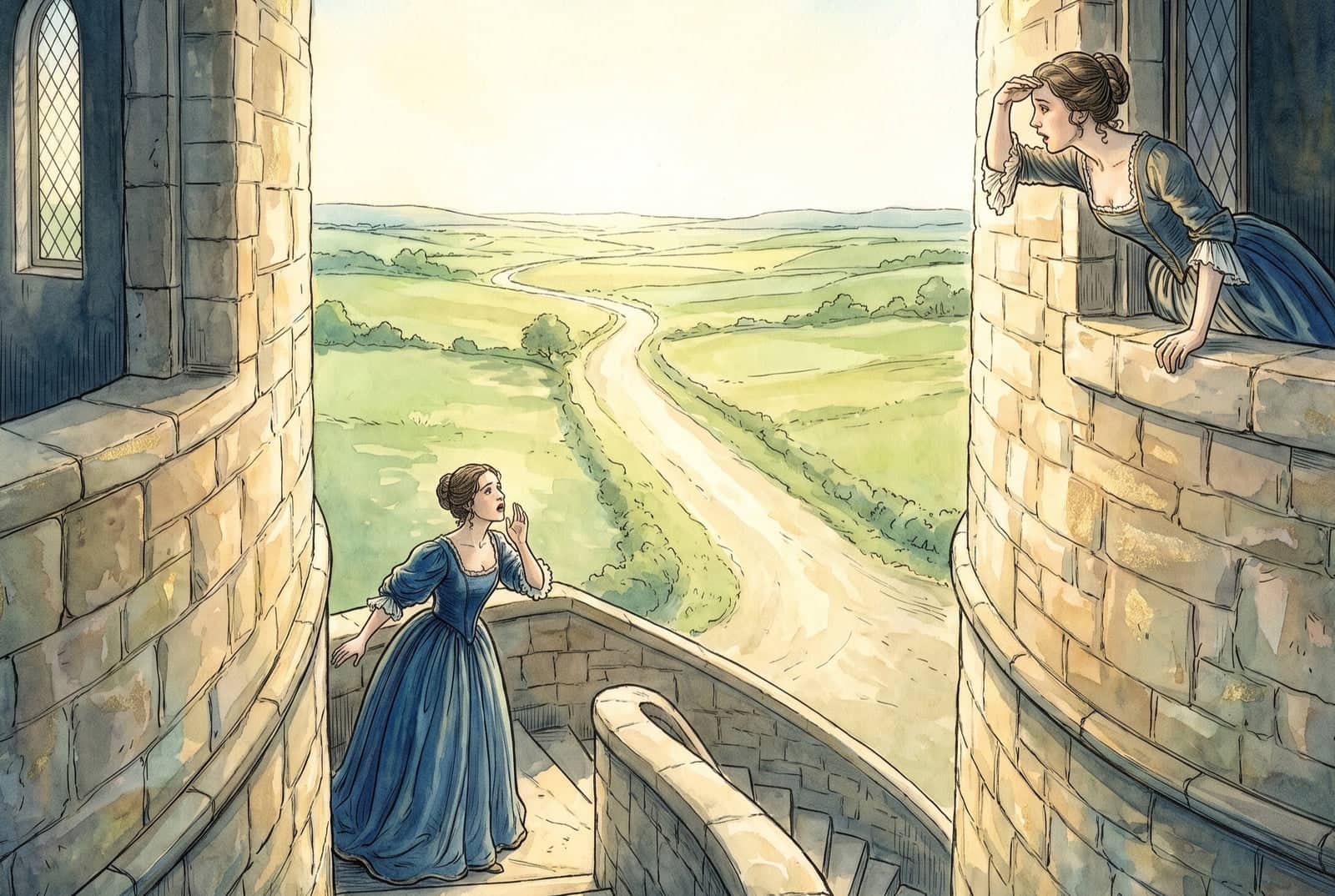 From a stone tower, a young woman shields her eyes and scans an empty sunlit road, while her sister calls up anxiously from the stairs below.