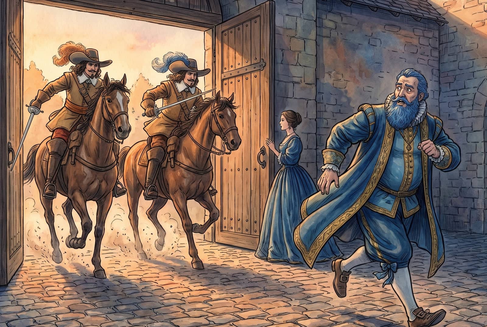 Two mounted men with swords drawn gallop through the gate as Bluebeard turns to flee across the courtyard, his wife watching from the doorway.