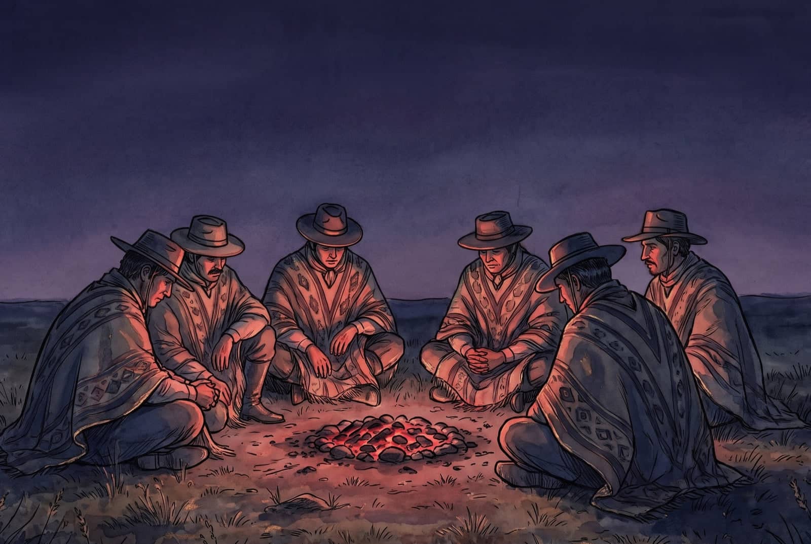 Seis homens de poncho e chapéu, sentados em roda no chão, olham calados um punhado de brasas vermelhas sem chama, sob um céu escuro e sem estrelas.