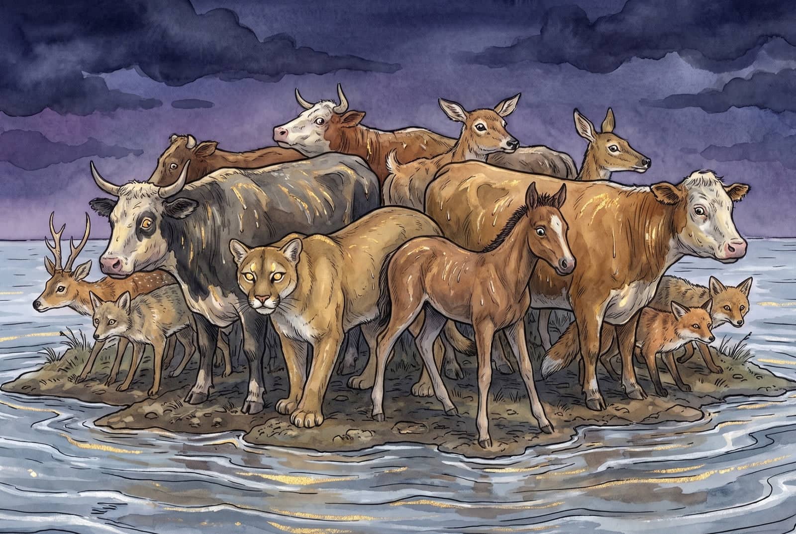 Bois, um puma, veados, um potrinho e raposinhas se apertam lado a lado, encharcados, numa ilha de barro cercada de água, sob nuvens escuras e sem estrelas.