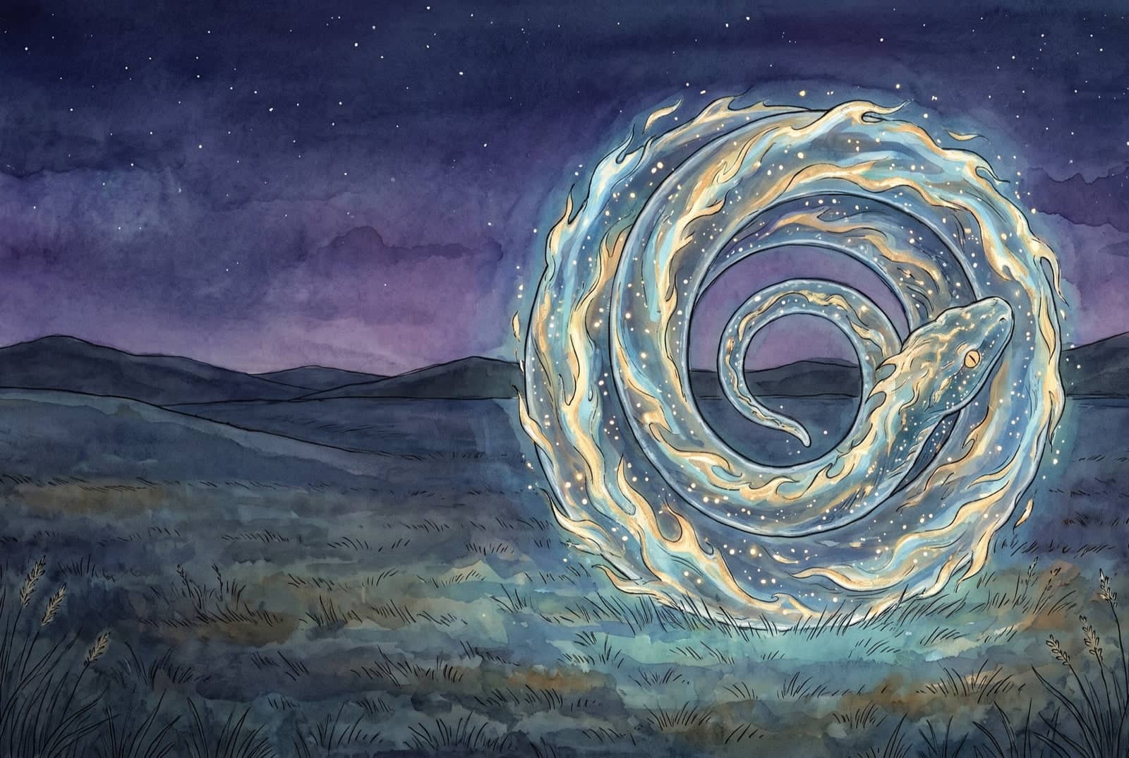 A cobra enrolada numa espiral de luz azul e dourada brilha sobre o pasto escuro, a cabeça erguida à direita; ao fundo, morros baixos e um céu estrelado.