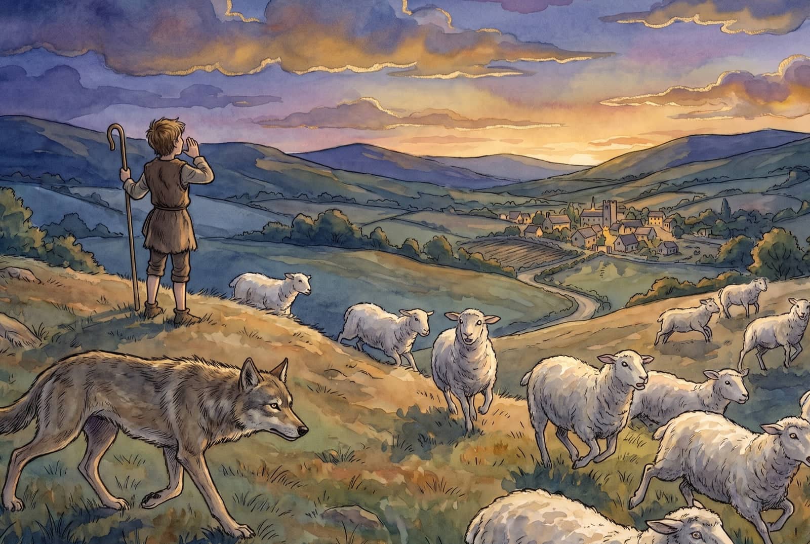 Seen from behind, a boy with a crook calls down to the lit village below while a grey wolf pads across the foreground and the flock scatters downhill.