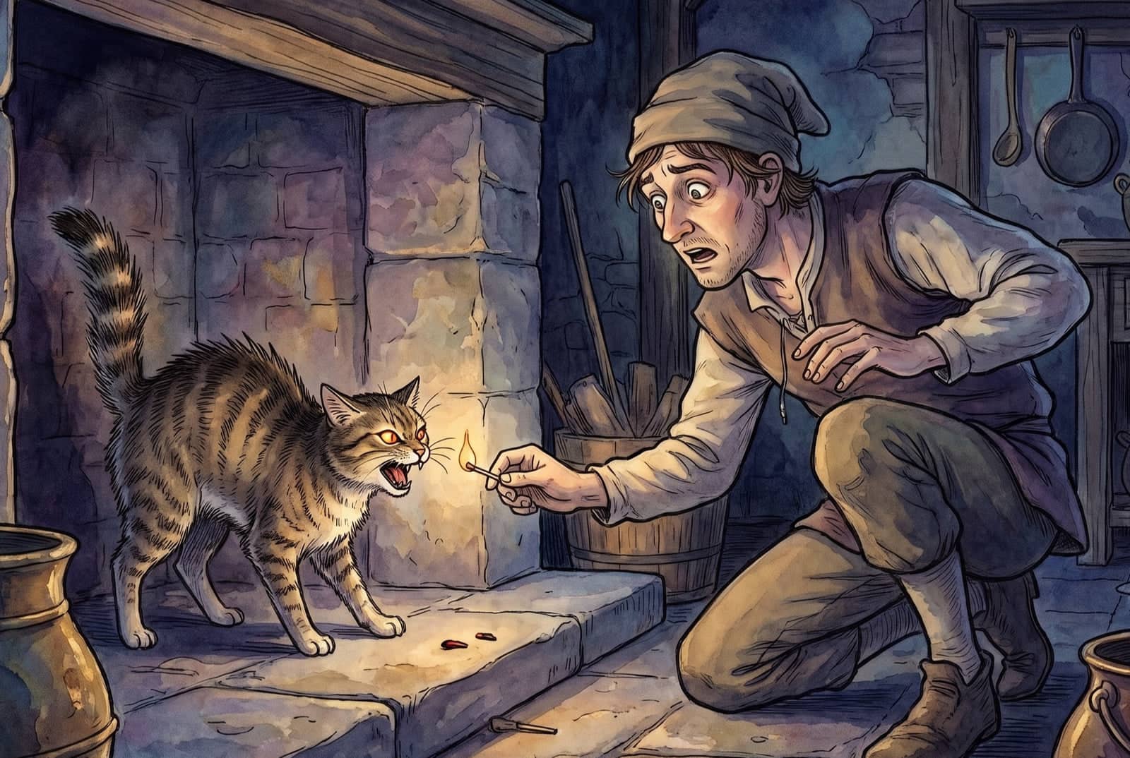 V tmavé kuchyni se přikrčený muž s hořící sirkou v ruce leká kočky, která před krbem hrbí hřbet, prská a svítí očima.