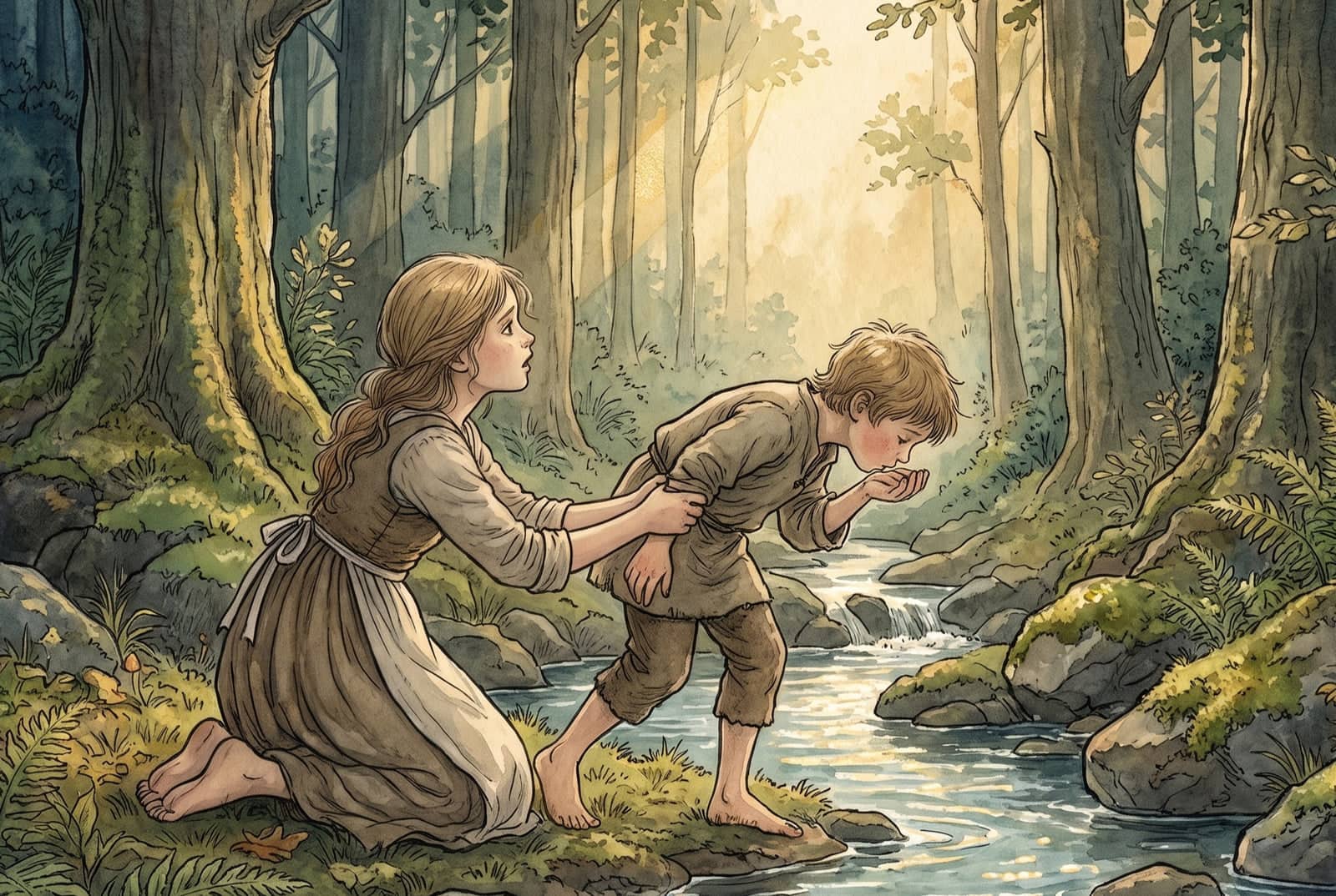 Ein Mädchen kniet an der Quelle und hält ihren Bruder am Arm; der Junge beugt sich vor und führt die Hand zum Mund, beide sind barfuß, Sonnenlicht fällt ein.