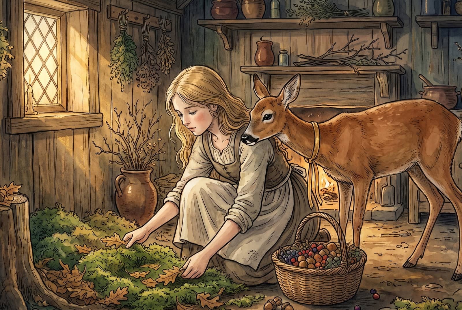 In der Hütte breitet ein Mädchen Moos und Laub zu einem Lager aus; ein Reh mit goldener Schleife senkt den Kopf zu ihr, daneben steht ein Korb mit Beeren.